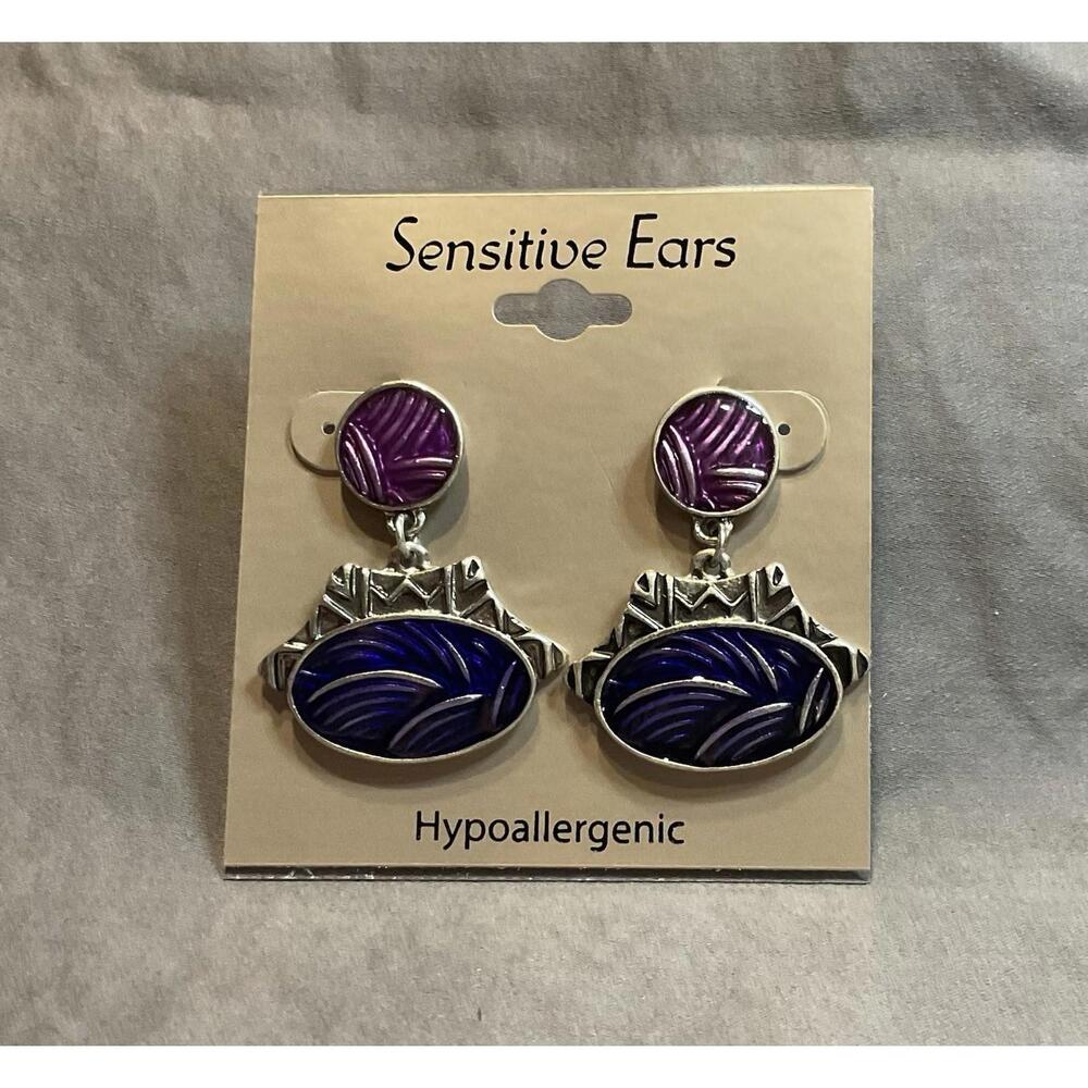 NWT Sensitive Ears Hypoallergenic Silver Tone & Purple Dangle Earrings #1439